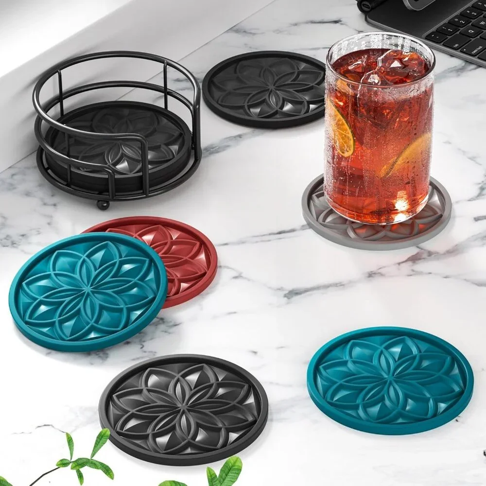 Drink Coasters Set of 6 Packs with Holder, Round Black BPA Free Silicone with No